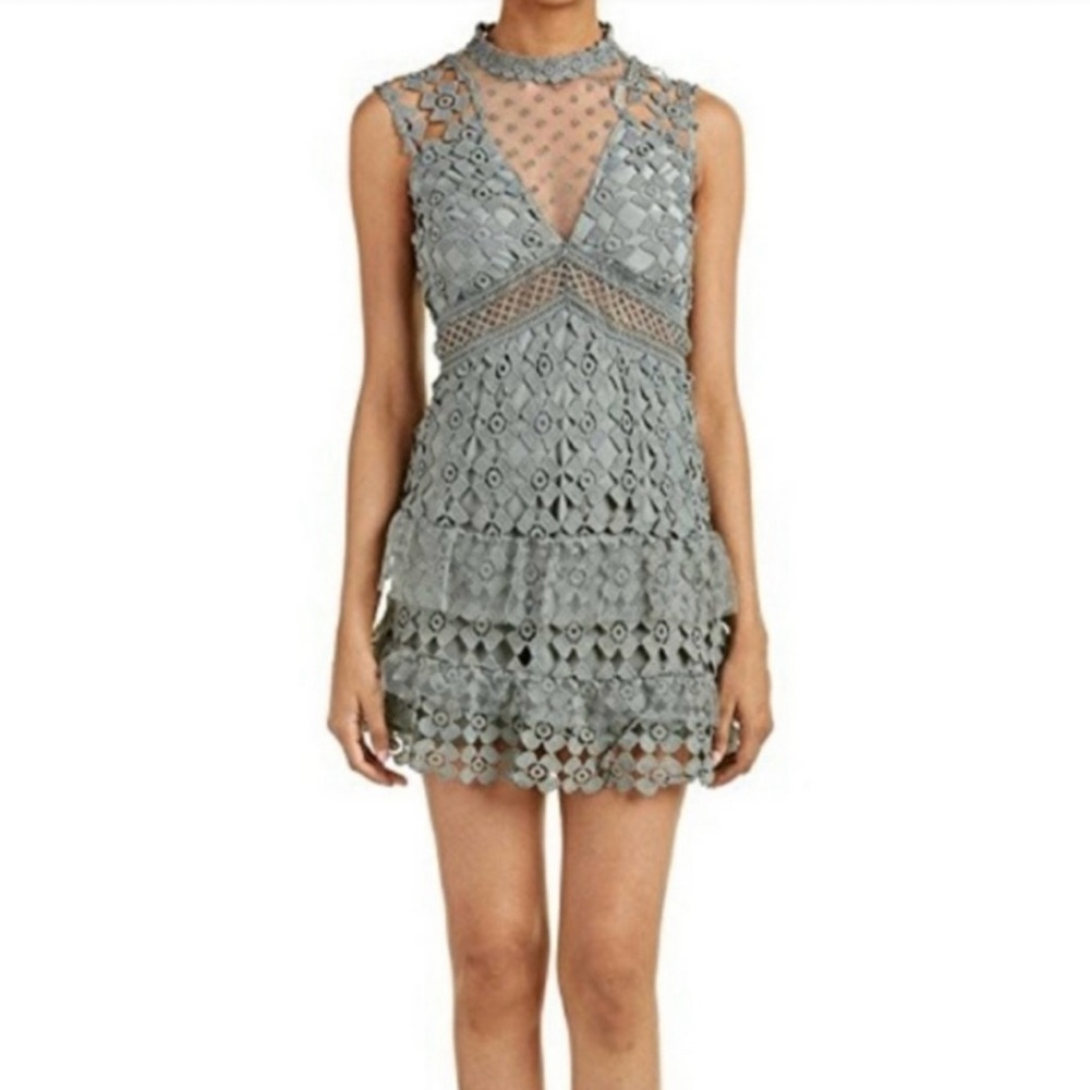 lace dusty green sage color dress by Romeo and Juliet